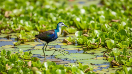 Bronze-winged Jacana bird on lily pads in lush greenery.の素材