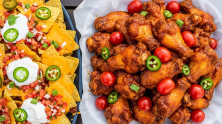 Nachos and spicy chicken wings served at an outdoor partyの素材