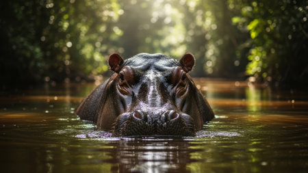 Hippopotamus surfacing in a lush jungle river with sunlit bokeh.の素材