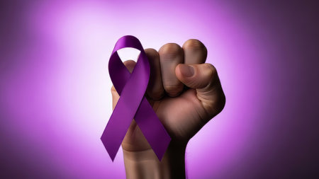 Fist with purple ribbon raised, representing solidarityの素材