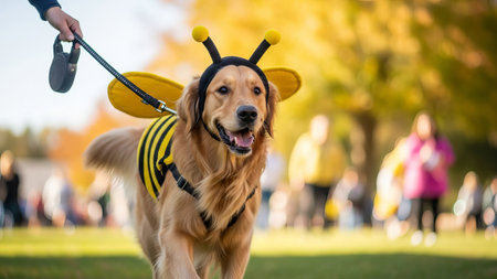 Golden Retriever dog in bee costume walks in parkの素材