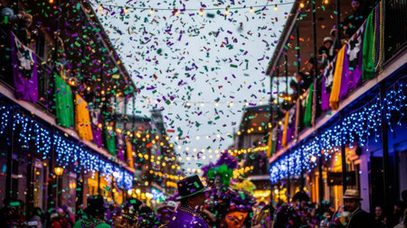 Mardi Gras street party, confetti, people in costumes, Bourbon Street.の素材