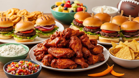 Mini burgers, buffalo wings, nachos, and fruit saladの素材