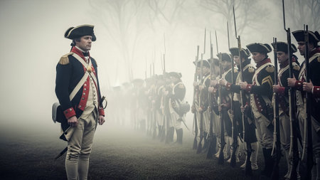Colonial soldier in uniform with muskets in fogの素材