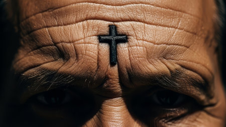 Man with ash cross on forehead during religious observanceの素材