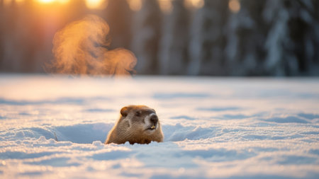 Groundhog emerges from snow, winter sunrise, warm breathの素材