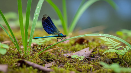 Blue dragonfly on wet grass, forest floor, bokeh backgroundの素材