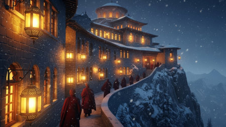 Monks walk towards temple in snowy mountains at night.の素材