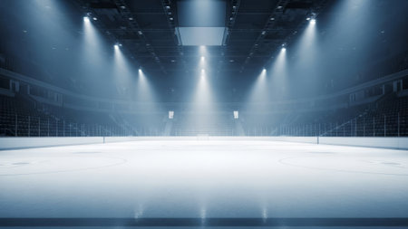 Empty hockey arena, ice rink, spotlights, stadium, seatingの素材