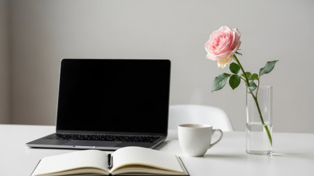 Minimalist desk setup: laptop, notebook, coffee, rose in vase.の素材