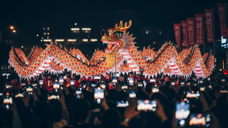 Night festival with giant dragon puppet and audience filming.の素材