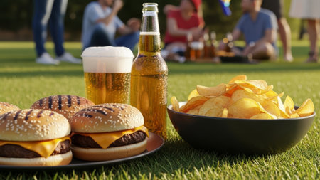 Burgers, beer, chips at a backyard picnic with blurred peopleの素材