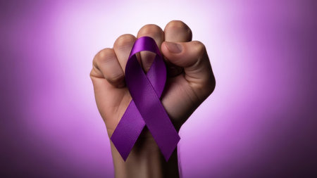 Fist with purple ribbon, symbolizing awareness and support, on gradientの素材