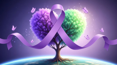 Symbolic tree with awareness ribbon and butterflies on Earthの素材
