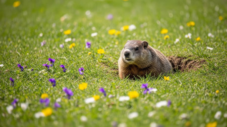 Groundhog in lush green meadow with purple and yellow wildflowersの素材