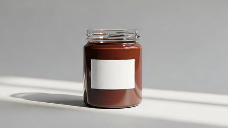 Chocolate spread jar with blank label on white surface, light streaksの素材