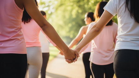 Diverse women link hands in park; support, friendship, unityの素材