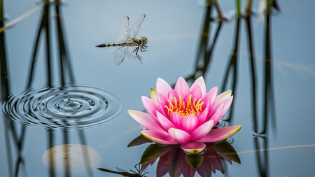 Dragonfly and pink water lily on calm pond with reflectionsの素材
