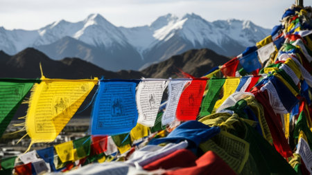 Colorful prayer flags against snowy mountains in remote Himalayas.の素材