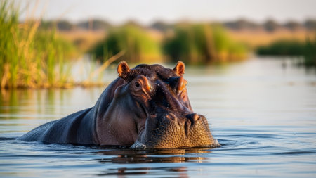 Hippo in water, African wildlife, sunrise, savanna landscapeの素材