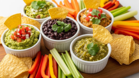 Guacamole, salsa, black beans, chips, vegetables, snackの素材