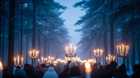 Crowd walking through winter forest with candlesの素材