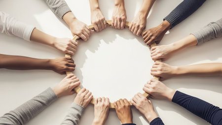Diverse hands, various skin tones, holding wooden circle, unity, togethernessの素材