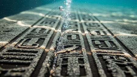 Ancient hieroglyphs submerged, sunlit, underwater, with air bubbles.の素材