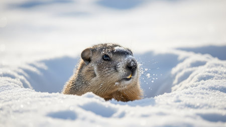 Groundhog peeking from snow hole, winter weather, alert animal.の素材