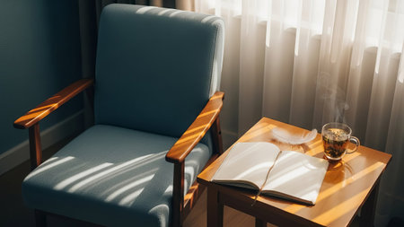 Armchair, book, tea by window, morning light.の素材