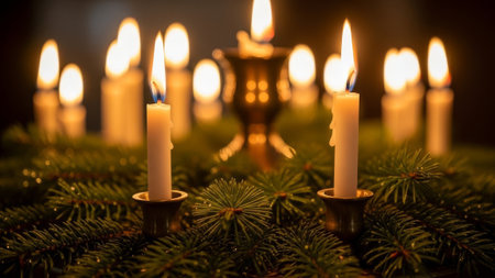 Lit candles on pine branches, festive bokeh backgroundの素材