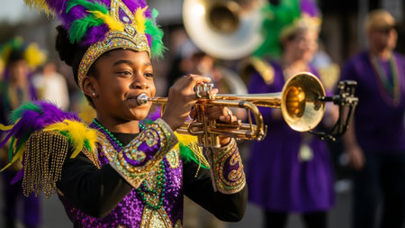 Black child musician in festive parade costume plays trumpetの素材