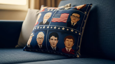Political figures pillow, American flag, on sofaの素材