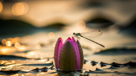 Dragonfly on pink lotus bud in serene pond with golden lightの素材