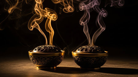 Two incense burners with colored smoke and ornate designsの素材