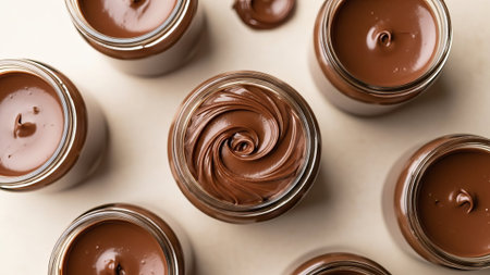 Chocolate spread jars, swirl texture, overhead view, food photographyの素材
