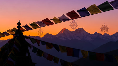 Prayer flags, mountains, sunset, Himalayas, spirituality, Buddhismの素材
