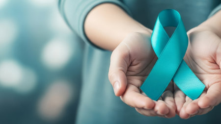 Woman's hands hold teal ribbon, ovarian cancer symbol, soft focusの素材
