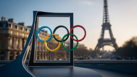 Olympic rings, Eiffel Tower, Paris skyline, iconic landmarksの素材