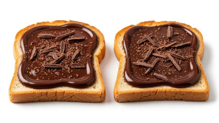 Toasted bread with chocolate spread and shavings, white background.の素材