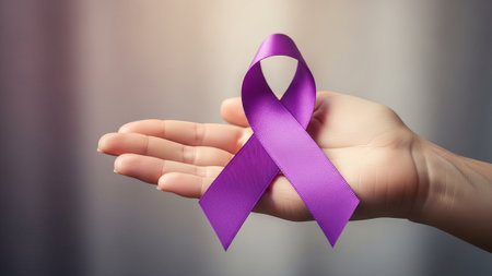 Hand holding purple ribbon, symbol of awareness.の素材