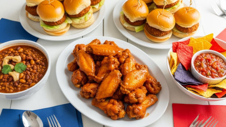 Buffalo chicken wings, sliders, chili, chips, salsa, party food spreadの素材