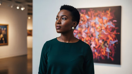 Woman at art gallery looking at paintingの素材
