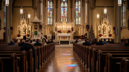 Church congregation attending service with stained glass, altar, Christmas tree.の素材