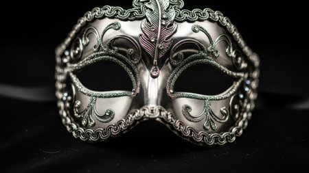 Detailed silver masquerade mask, ornate, feather, dark background.の素材