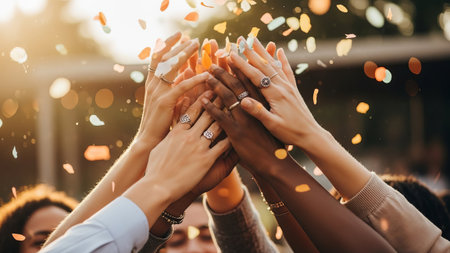 Diverse hands celebrate outdoors with confetti, showing unity and joy.の素材