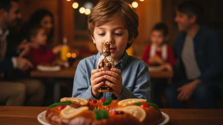 Boy with king figure and RoscAln de Reyes cake in family dinner settingの素材