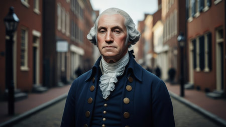 George Washington in historical attire on a brick street.の素材