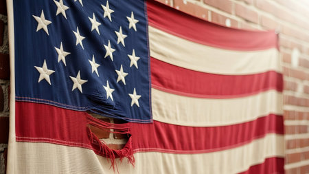 Old American flag with frayed edges on brick wall.の素材