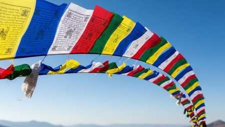 Prayer flags flutter on a string, blue sky, mountainsの素材
